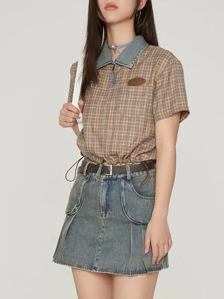 Summer Basic Office Ladies Casual Female Shirts Chicly Plaid Contrast Color Fashion Drawstring Slim Vintage Simple Women Shirts