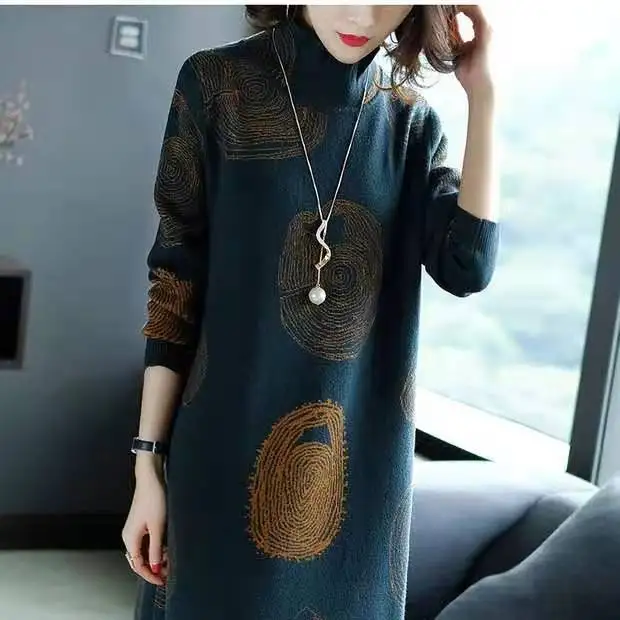 Spring and Autumn Winter Long Sleeved Slim Fit Semi High Collar High-end Jacquard Over the Knee High-end Dress Woolen Dresses