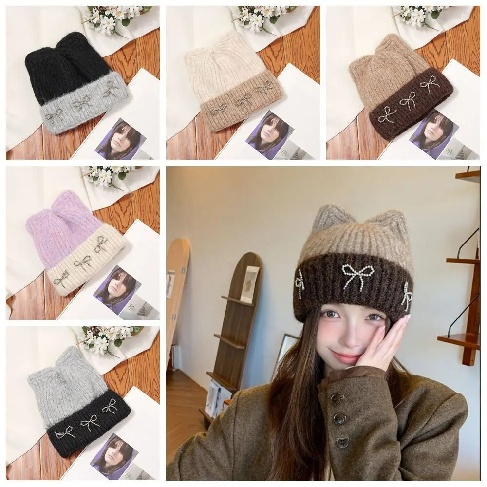 Fashion Contrast Color Cat Ear Knitted Hat Warm Cap Bow Crochet Basin Cap Wool Hat Jennie Style Knit Beanie Apparel Accessories