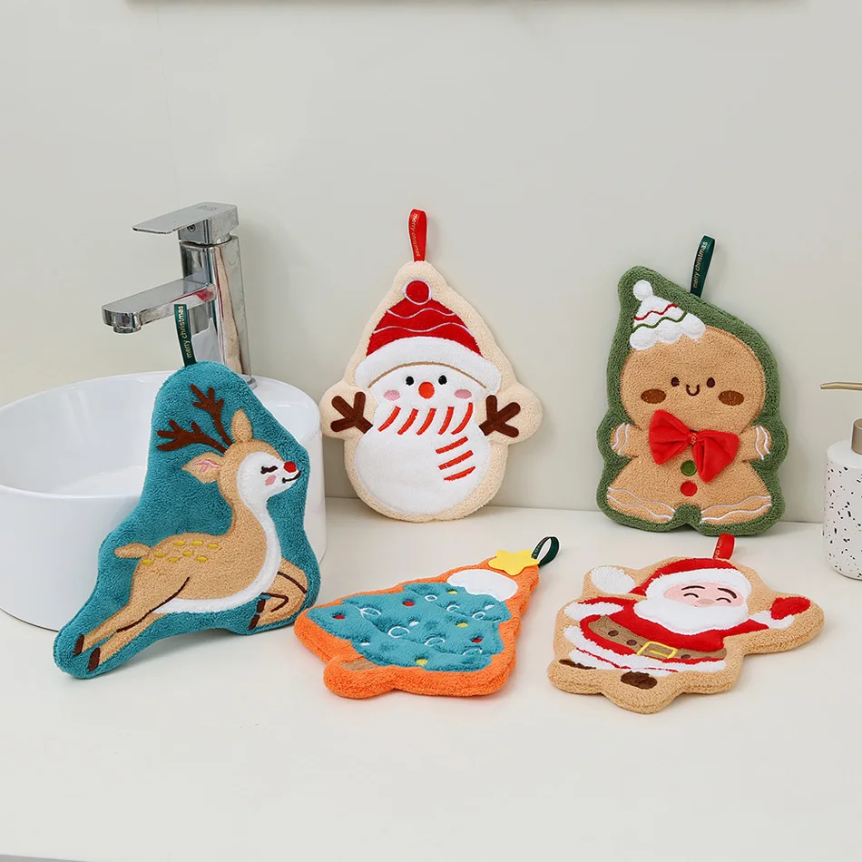 2026Coral Fleece Christmas Santa Claus Hand Towels Water Absorption Quick-drying Hand Towel Christmas Tree Bell Kitchen Bathroom