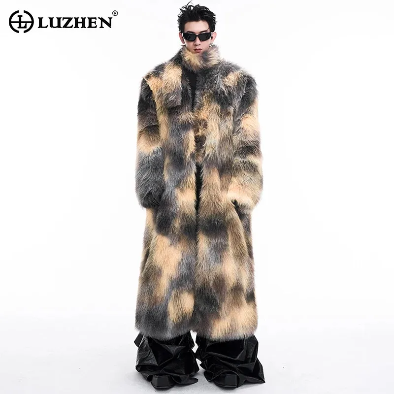 LUZHEN Scarf Decorate High Quality Luxury Imitation Fur Coat Cold Original Personalized Color Contrast Men Long Outerwear LZ7279