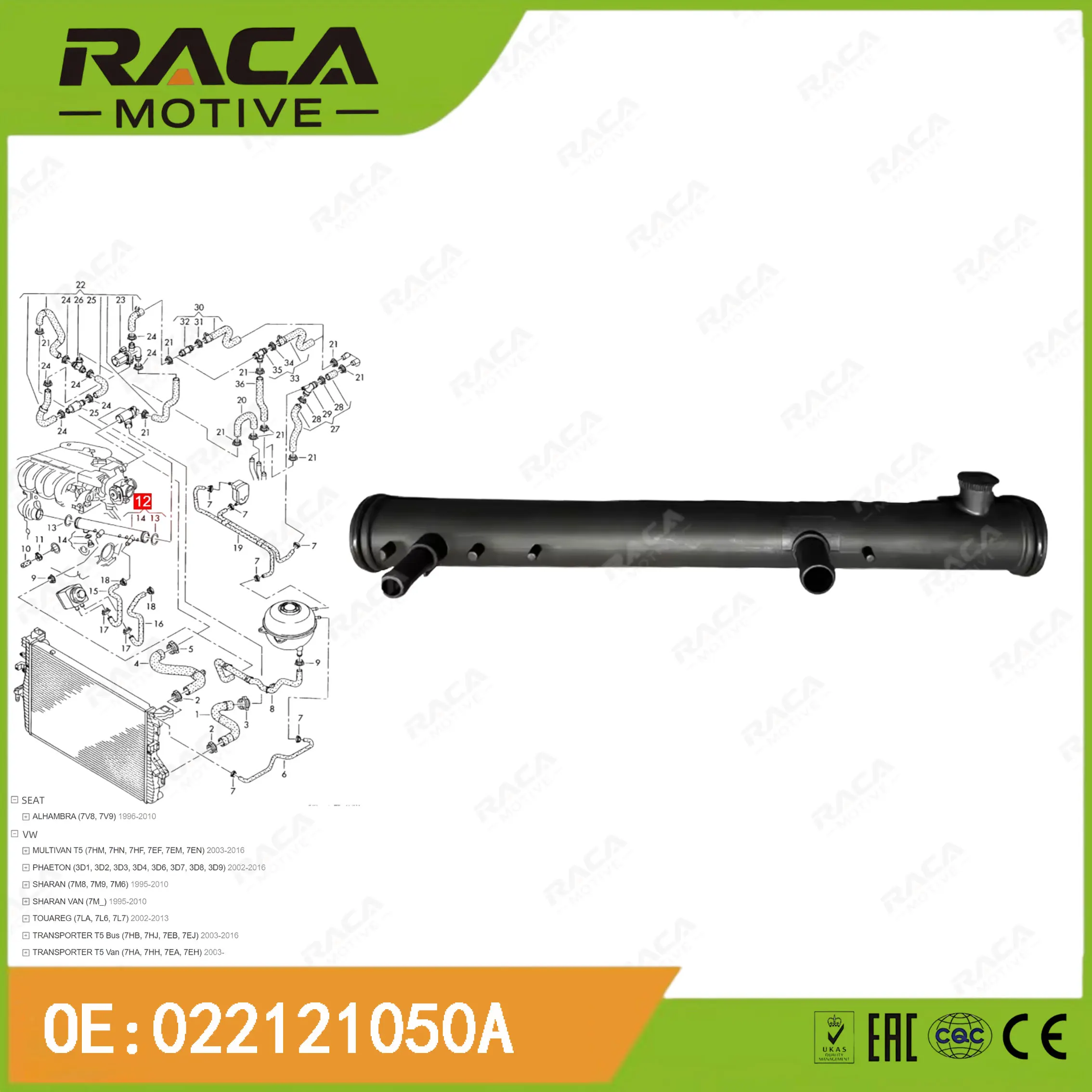 Tubería de Agua Refrigerante del Motor Apta para Volkswagen Multivan T5 Phaeton Sharan Touareg Transporter T5 Seat Alhambra (7V8, 7V9) 022121085A 022121050A