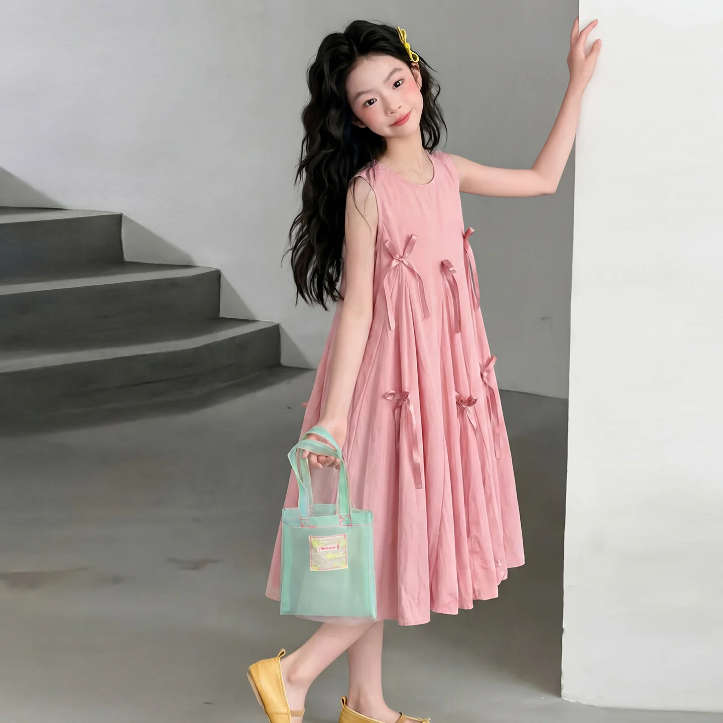 Kids Dresses For Girls Pink Bow Sleeveless A-Line Casual Everyday Princess Dress Coquette Birthday Party Kids 6 7 8 9 10 11 12 1