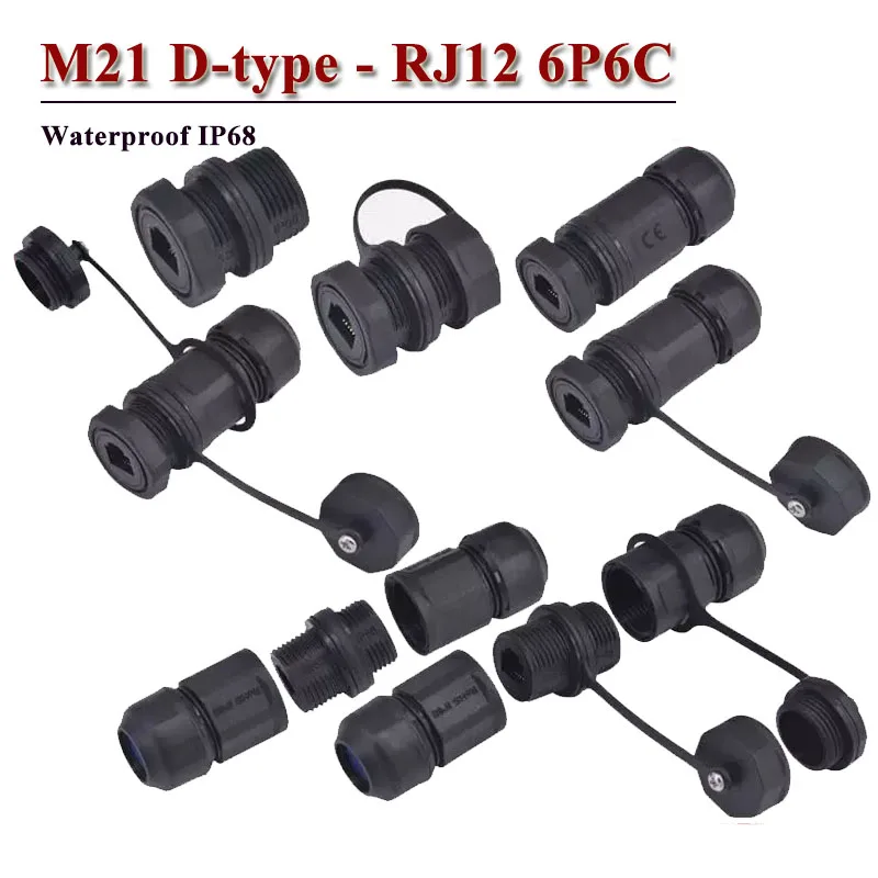 M21 6P6C D-type Module RJ12 Waterproof IP68 Connector Telephone Socket RJ12 Telephone Extension Cable Protection Adapter