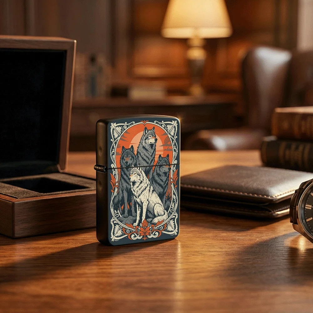 Flip Top Lighter Wolf Pack Vintage Ornate Border Sunset Forest Art Pattern lighters vintage lighters for smokers Collectible