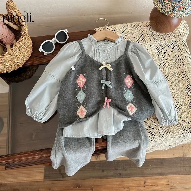 Childrens Clothing Set Korean Girls Autumn New Item Childrens Bow Vest Shirt Pants Sweet and Cute Three Piece Set