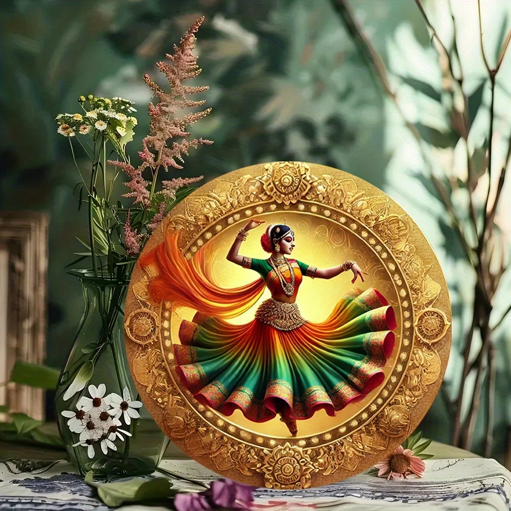 

Round Aluminum Sign Featuring A Golden Retro Cultural Art Decoration of An Indian Dancer, HD Printing, Creative Home Art.
