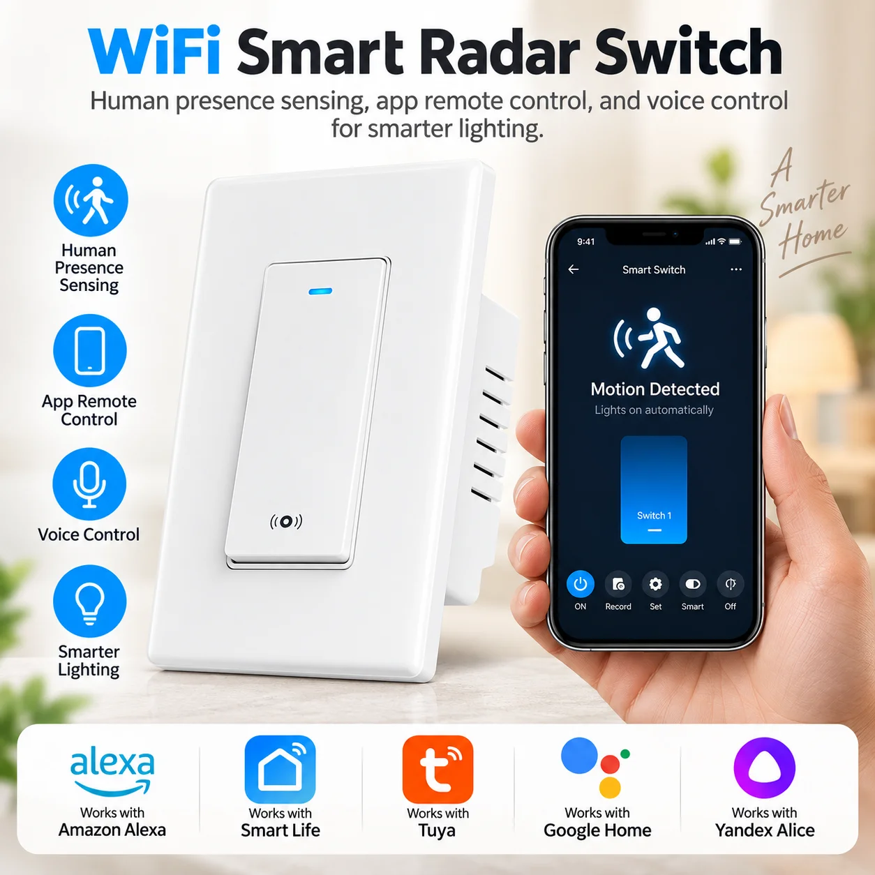 Tuya WiFi Smart Radar Wall Switch Automatic Light Control Human Presence Sense Light Switch Timer Works with Alexa Google Home