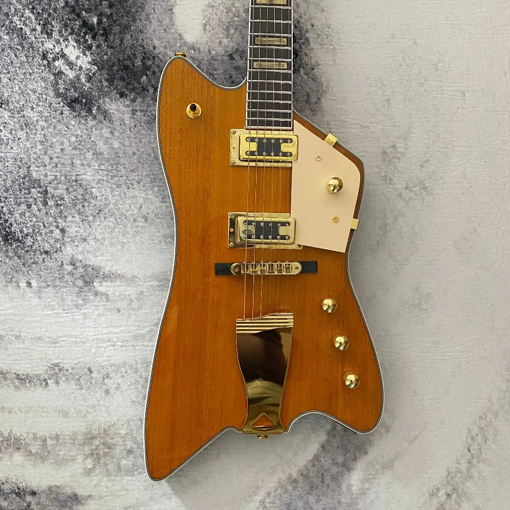 Custom Jupiter Glossy Orange Yellow Solid Wood Unique-Shaped Electric Guitar with Mahogany Body, Gold Hardware, HH Pickups