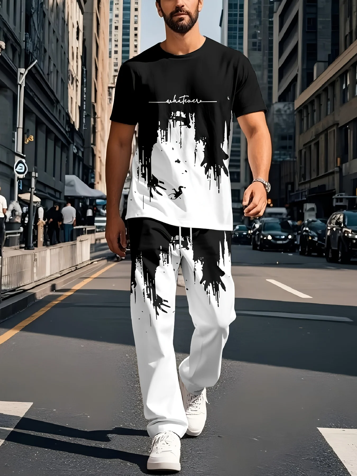 

2025 Summer New Street casual Fashion 3D gradient letter Print Soft Comfortable and breathable men's set