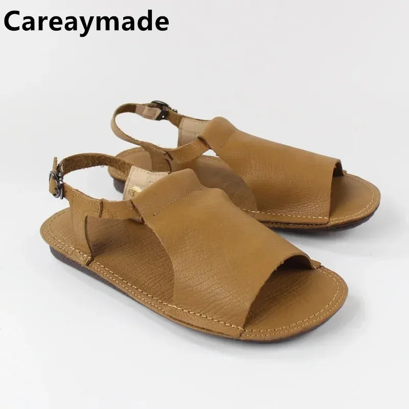 Careaymade-Women\'s literary flat-soled shoes Women\'s summer handmade leather casual shoes Comfortable soft-soled sandals