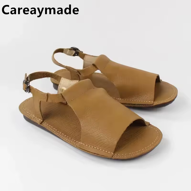 Careaymade-Women's literary flat-soled shoes Women's summer handmade leather casual shoes Comfortable soft-soled sandals