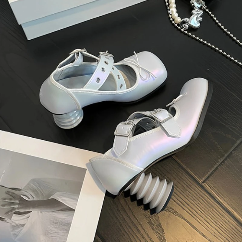 Balletcore Mary Jane High Heels, Square Toe Buckle Strap Iridescent Shallow Pumps, Kawaii Unique Design Chunky Heel Dress Shoes
