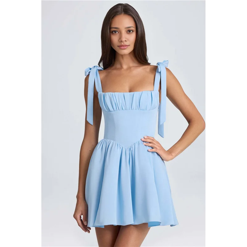 ASDS-Smocked Ruched A Line Swing Dress Layered Tie ไหล่ Flowy Cami- Dress