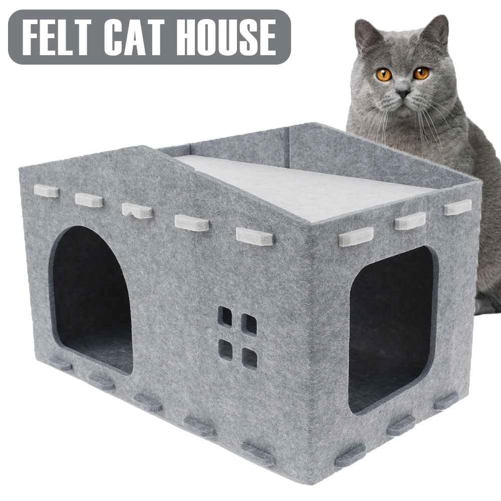 Felt Cat House 2 Layer Cat Scratching Board Indoor Multi-functional Pet Cube House Removable Cat Bed for Puppie Kitten Small Pet