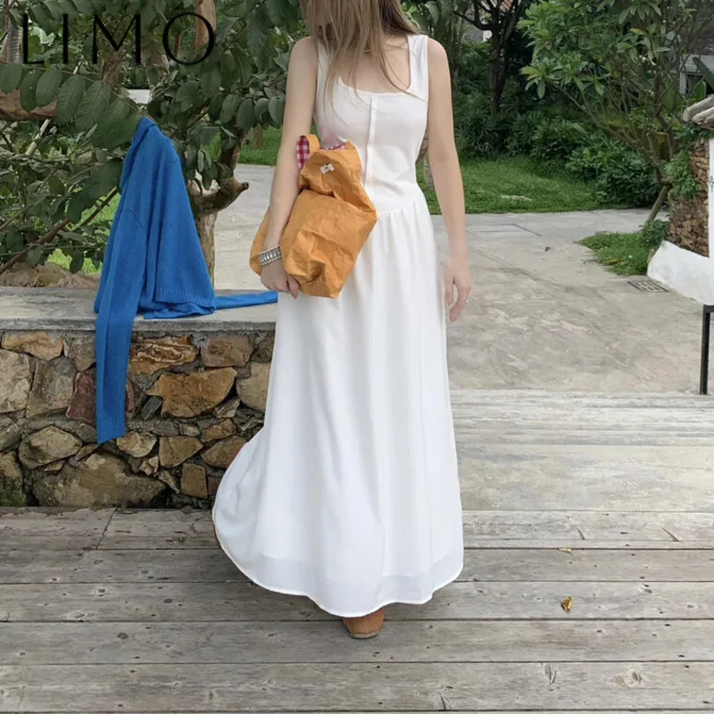 

LIMO Women’s Elegant Square Neck Sleeveless Luxury Patchwork Minimalist Party Dress White Casual Spring Summer High Quality