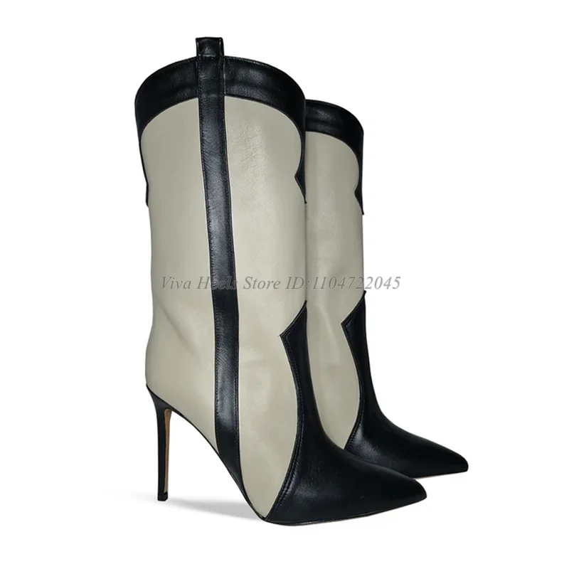 Mixed Colors Denim Leatrher Mid Calf Boots Women's Pointed Toe High Heels Western Boot Black Luxury Designer Soft Party Shoes