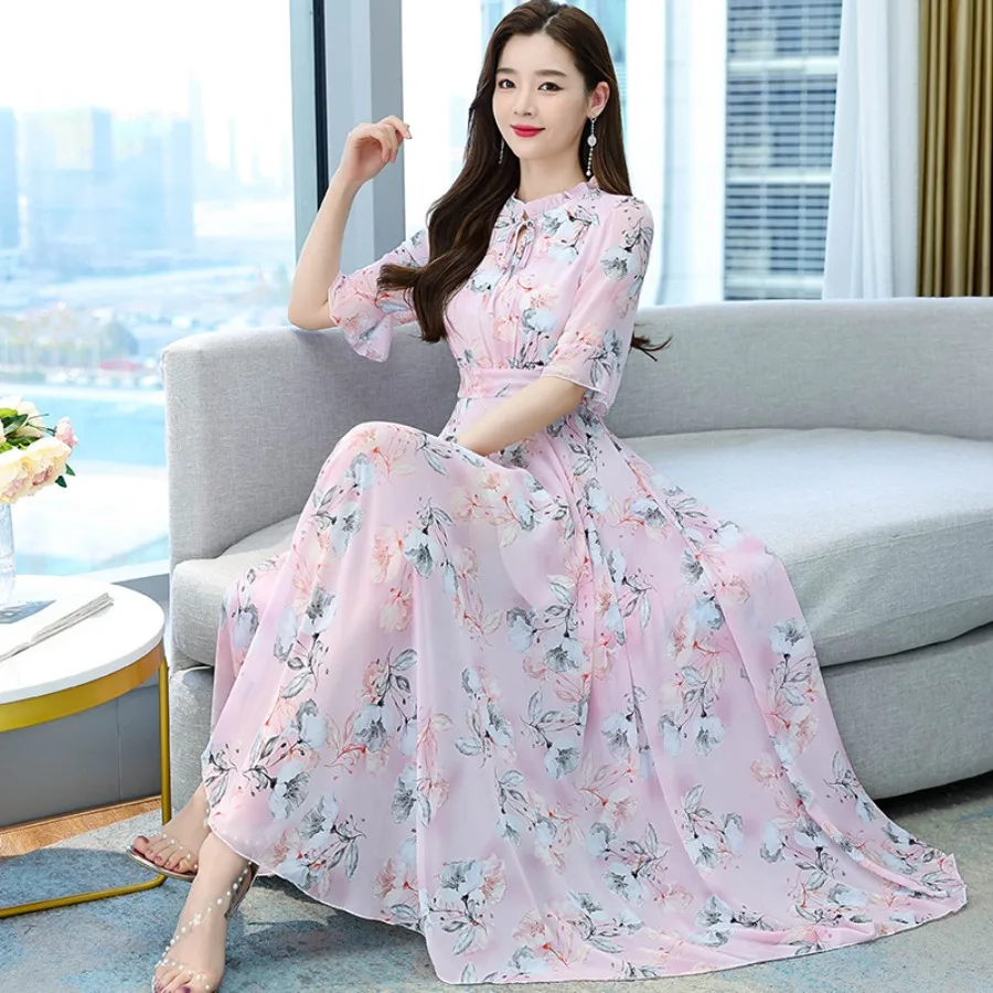 

【New style】Lace-up chiffon dress flared sleeves waist slimming women's summer fashionable new beach dress