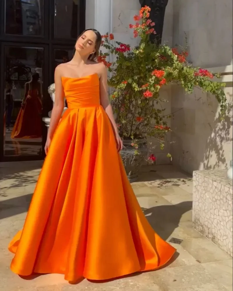 

2026 Современное оранжевое атласное длинное платье трапециевидной формы без бретелек Вечернее платье Vestidos De Fiesta Elegantes