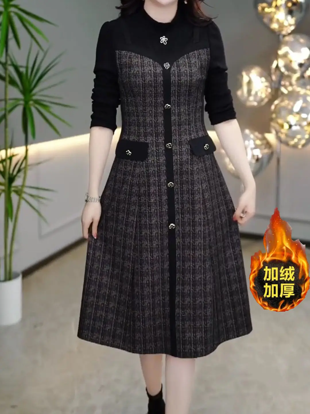 High Temperament Waist Cinching Slimming Women\'s Autumn and Winter New Style Luxurious and Fake Two-piece Spliced Dresses