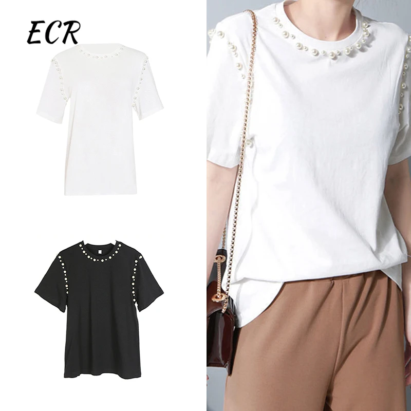 ECR Solid Patchwork Pearl Casual T Shirt For Women Round Neck Short Sleeve Minimalsit Loose Pullover T Shirt Female Fashion New