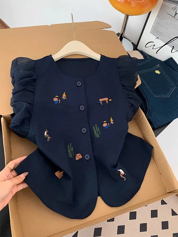 

Женская летняя модная блузка с вышивкой в стиле омбре, с мультяшным рисунком, оригинальным дизайном, рукавами-буфами и прямым кроем