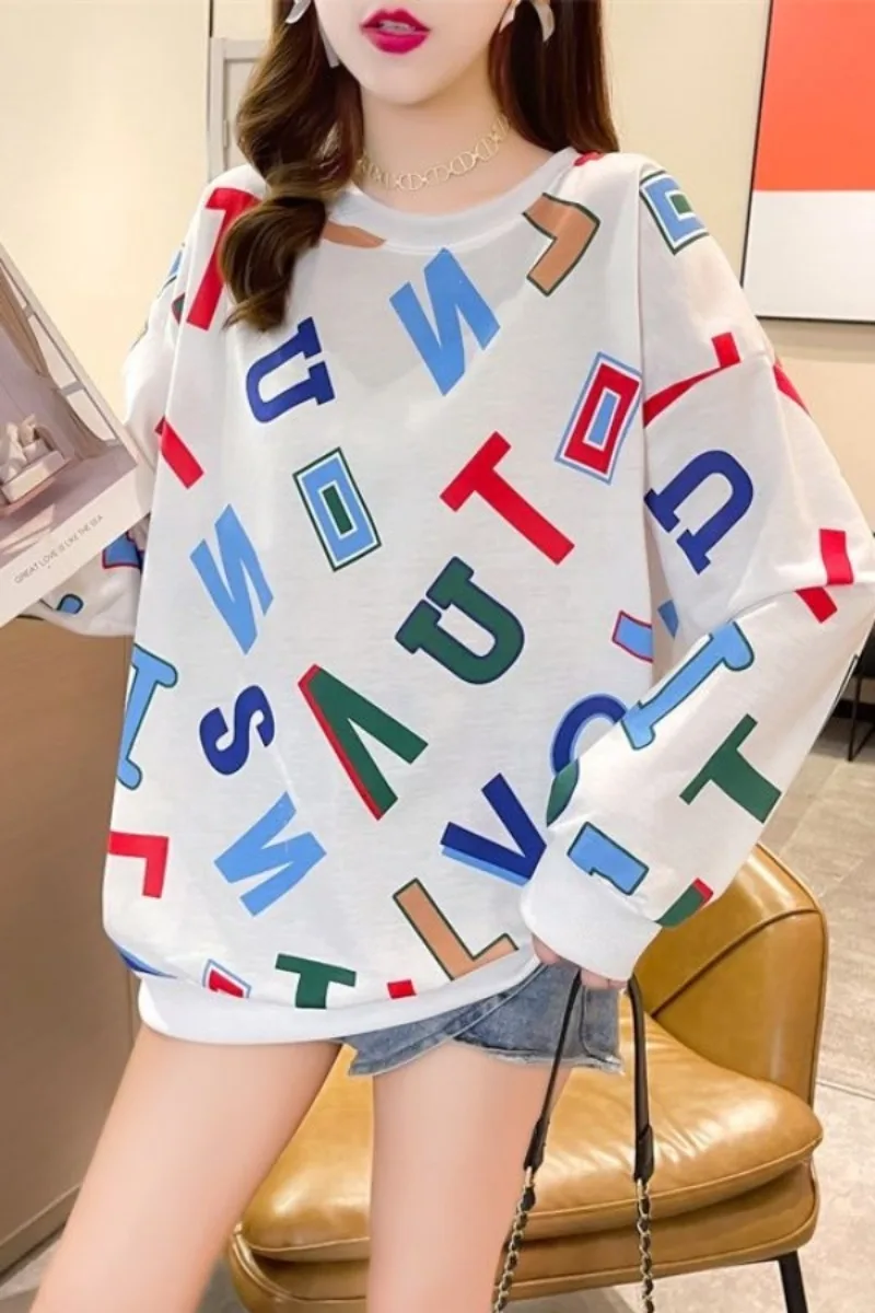 Début de l'automne nouvelle Collection à manches longues col rond lettre de dessin animé imprimé polyvalent, simple et confortable, haut de niche