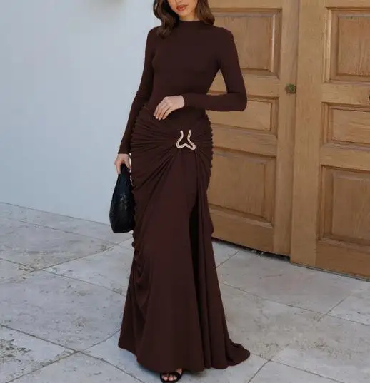 

Women Dresses 2026 Spring Autumn New Solid Color Long Sleeve Round Neck Metal Decor Folded Hip Wrapping Temperament Long Dress