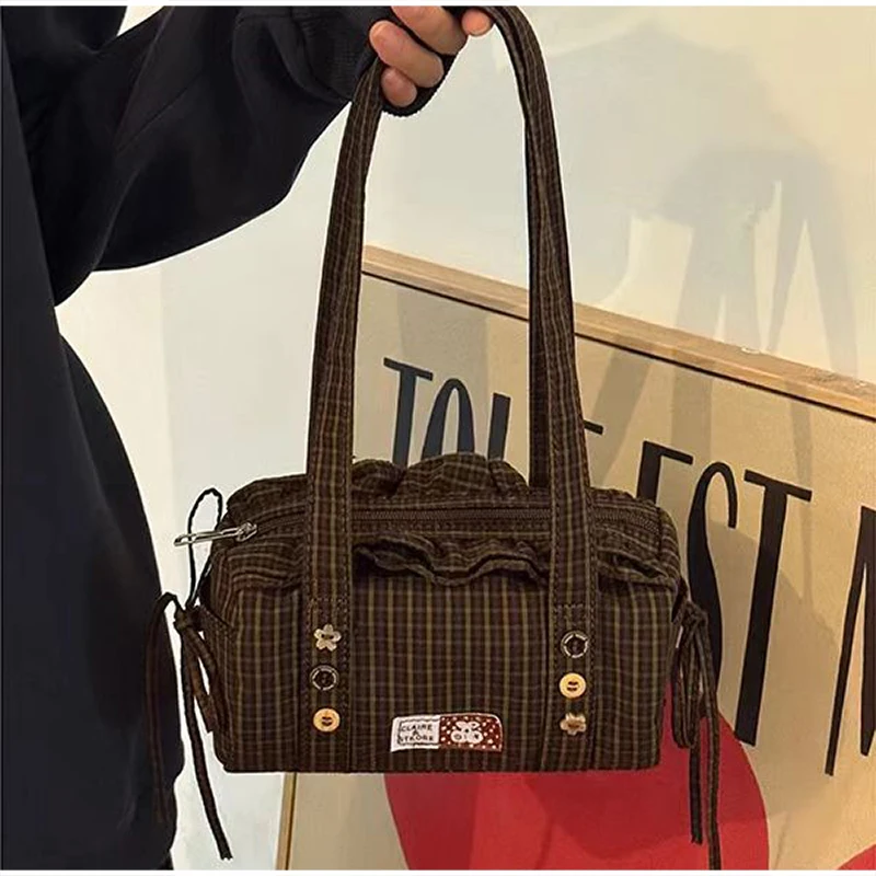 Vintage Plaid Boston Shoulder Bag Grid Pattern Casual Underarm Pillowbag Drawstring Side Pocket Daily Lace Design Canvas Handbag