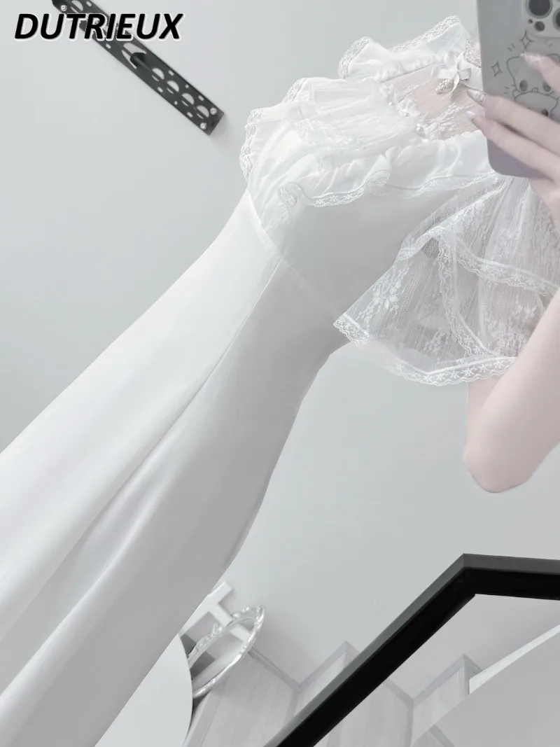 Oryginalne, masowo produkowane, dopasowane spodnie z krótkim rękawem, koronkowe, perłowe, ze stójką, słodkie dziewczęce sukienki w jednolitym kolorze