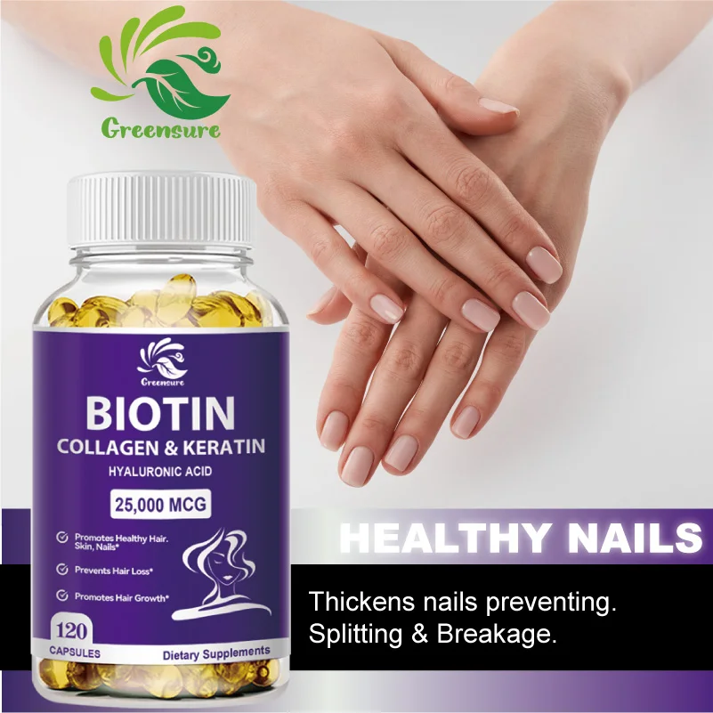 60/120Pcs Biotin & Collagen Vegan Capsules - Supplement Strong Nails Shiny Hair Glowing Smooth Skin