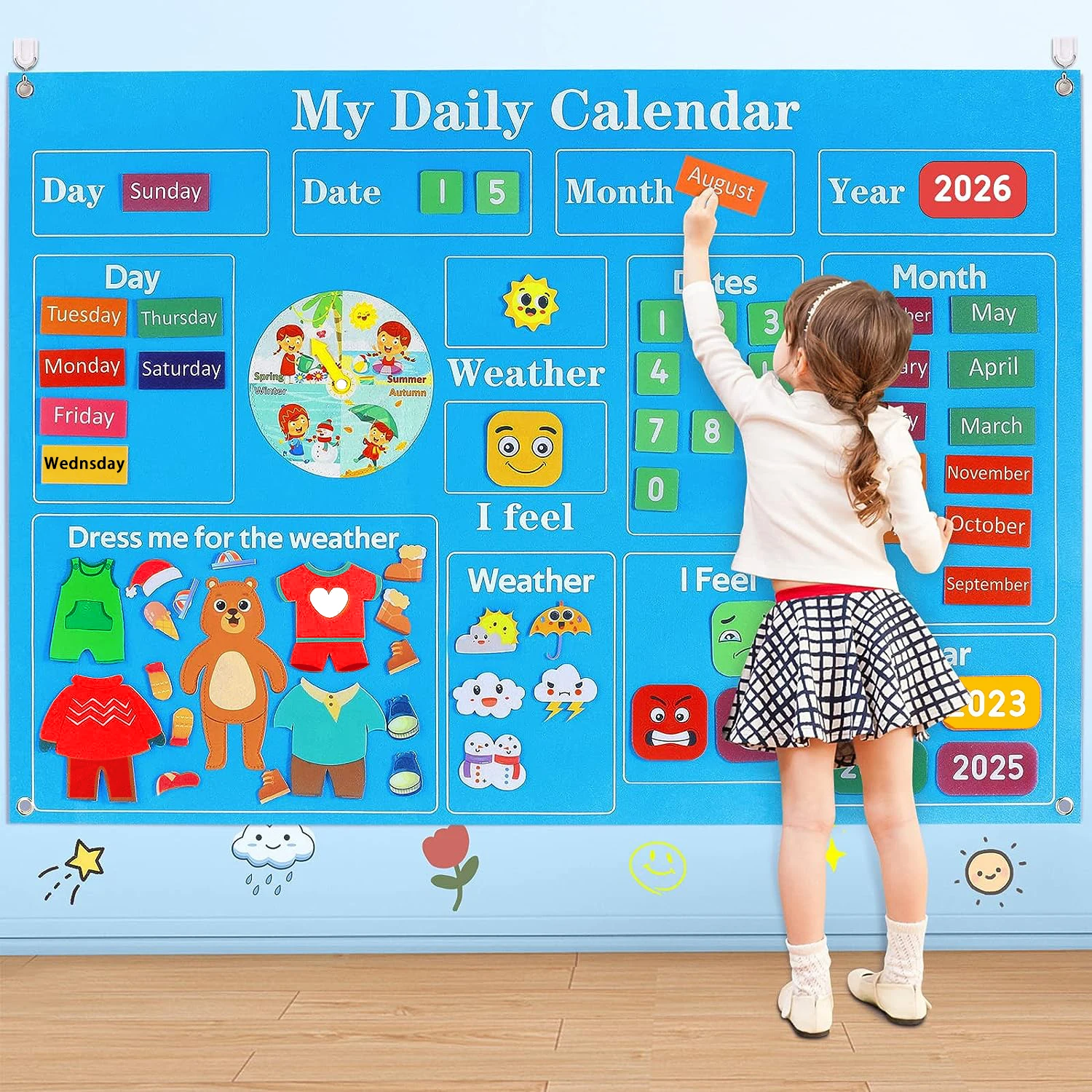 Children's Calendar Busy Board, Daily Learning Felt Board Teaching Supplies, Time, Season, Weather Awareness Wall Calendar
