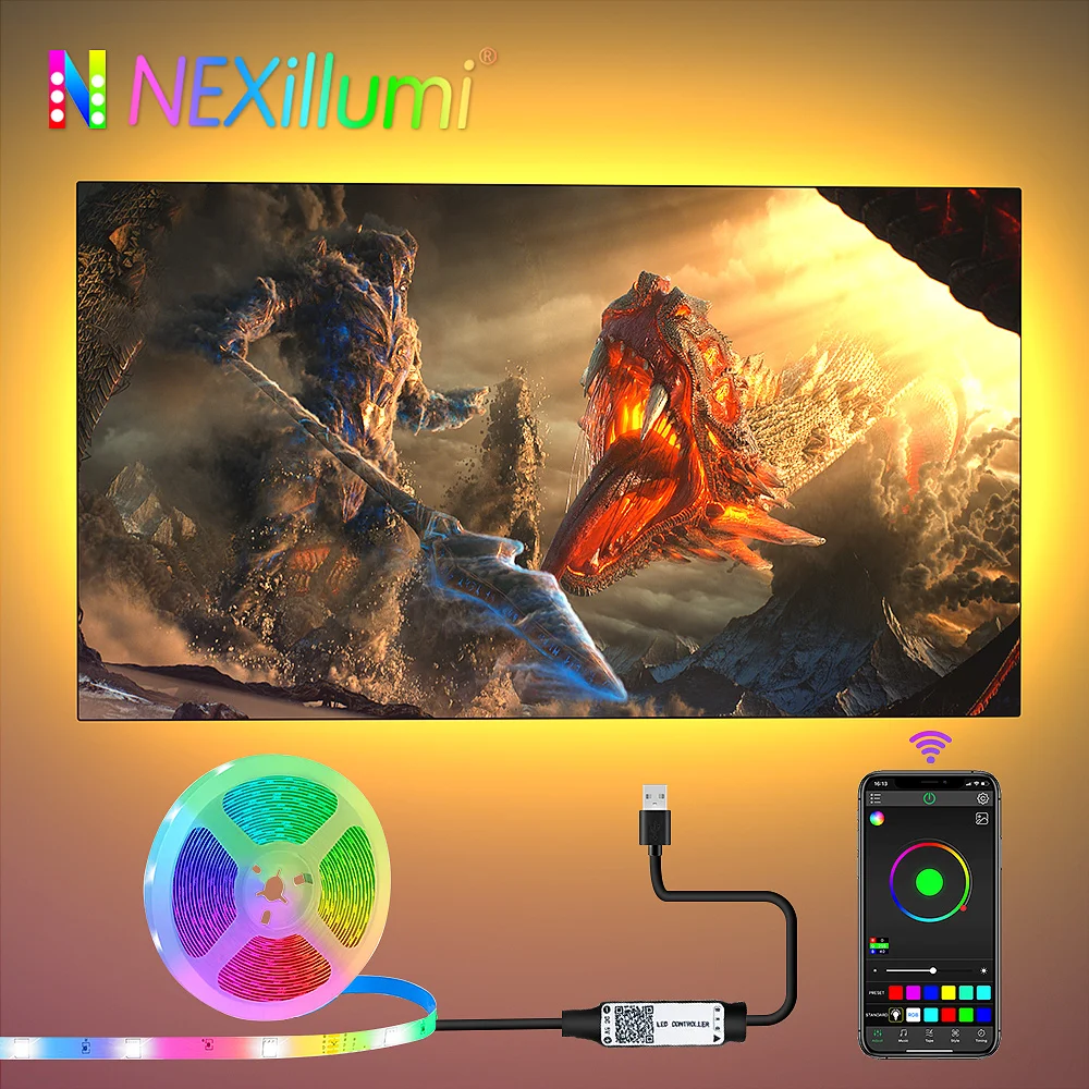 Nexillumi LED Strip Lights 1M-15M TV LED Backlight for 22-85 Inch TV RGB LED Strip Zasilany przez USB, APP Control Sync to Music