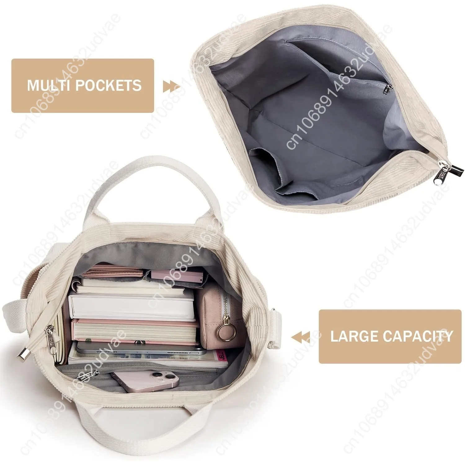 KALIDI Corduroy Tote Bag, Large Messenger Bag Shoulder Hobo Anti Splash Crossbody Zipper Bag Casual Work Shopping Women