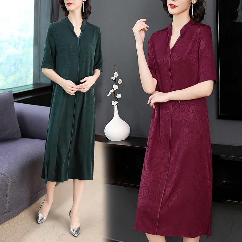 

2023 Summer New Silk Short Sleeve Jacquard Dress Women's Loose Large Slim Knee Length Silk Long Dress Knee Length Robe