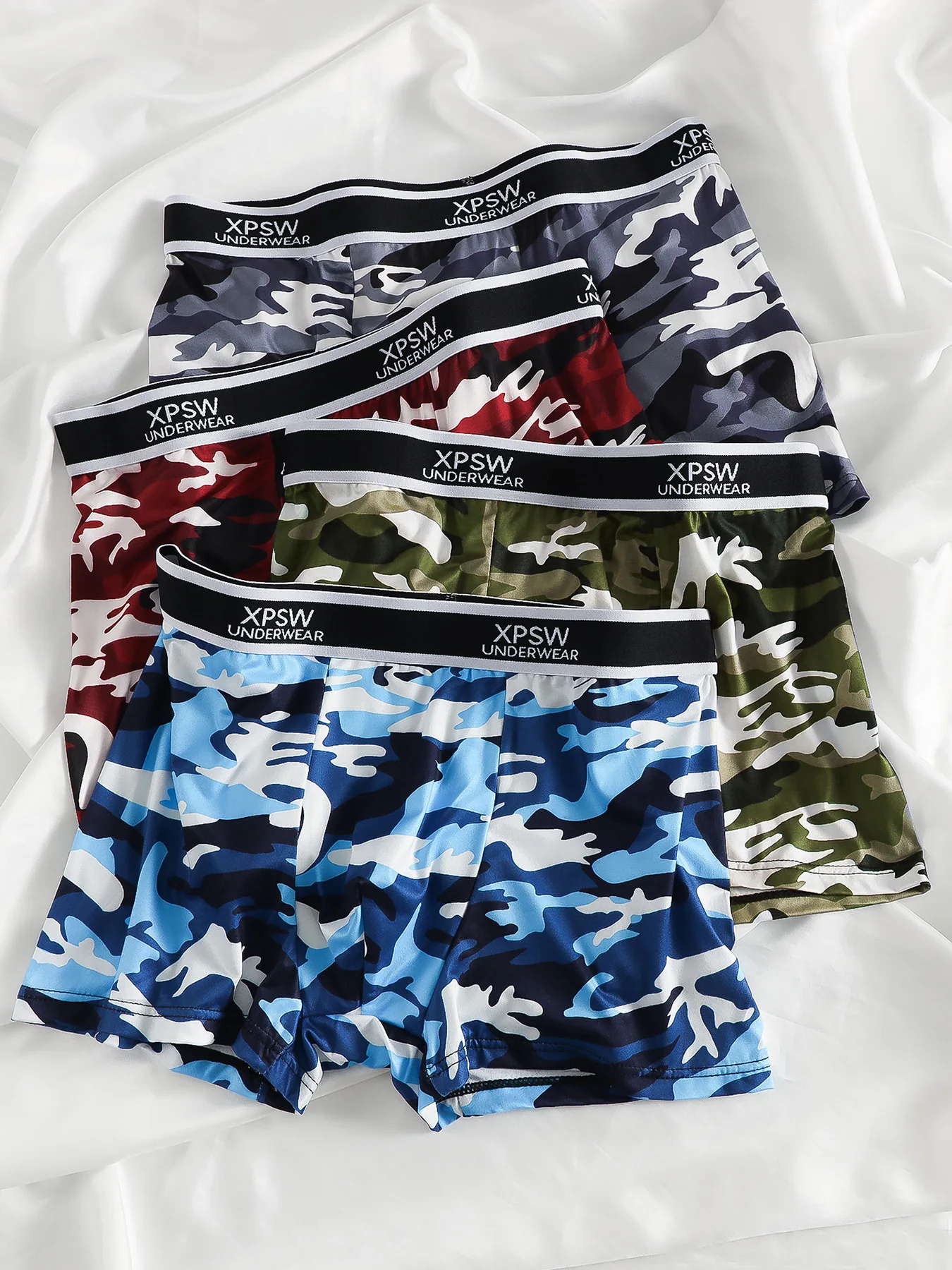 Herren-Boxershorts aus Polyester im 4er-Pack – Camouflage-Druck, „XPSW UNDERWEAR“-Bund