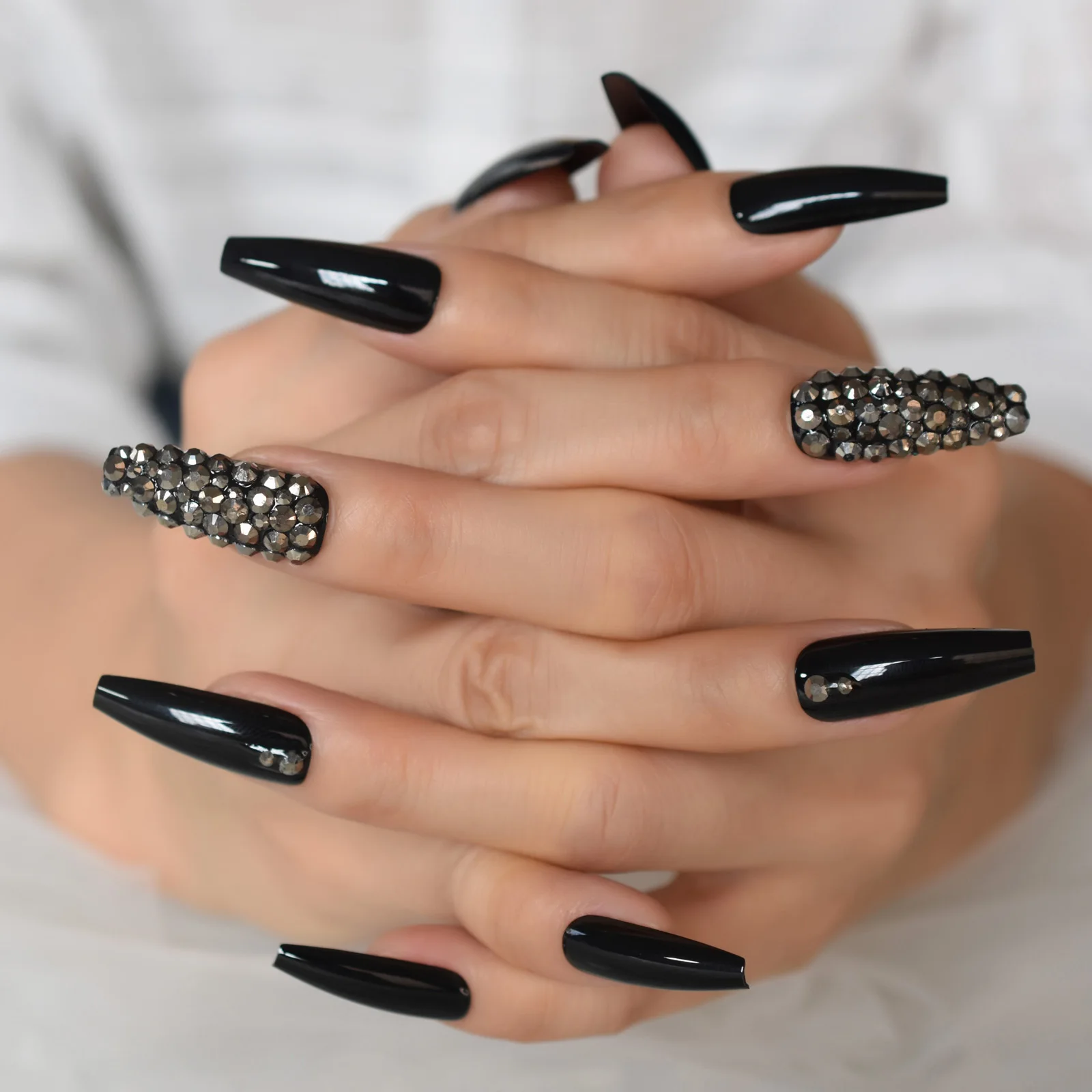 Metaliczny kamień sztuczne paznokcie szare cyrkonie dekoracyjne bardzo długie baleriny czarne sztuczne paznokcie zaprojektowane porady dla pani