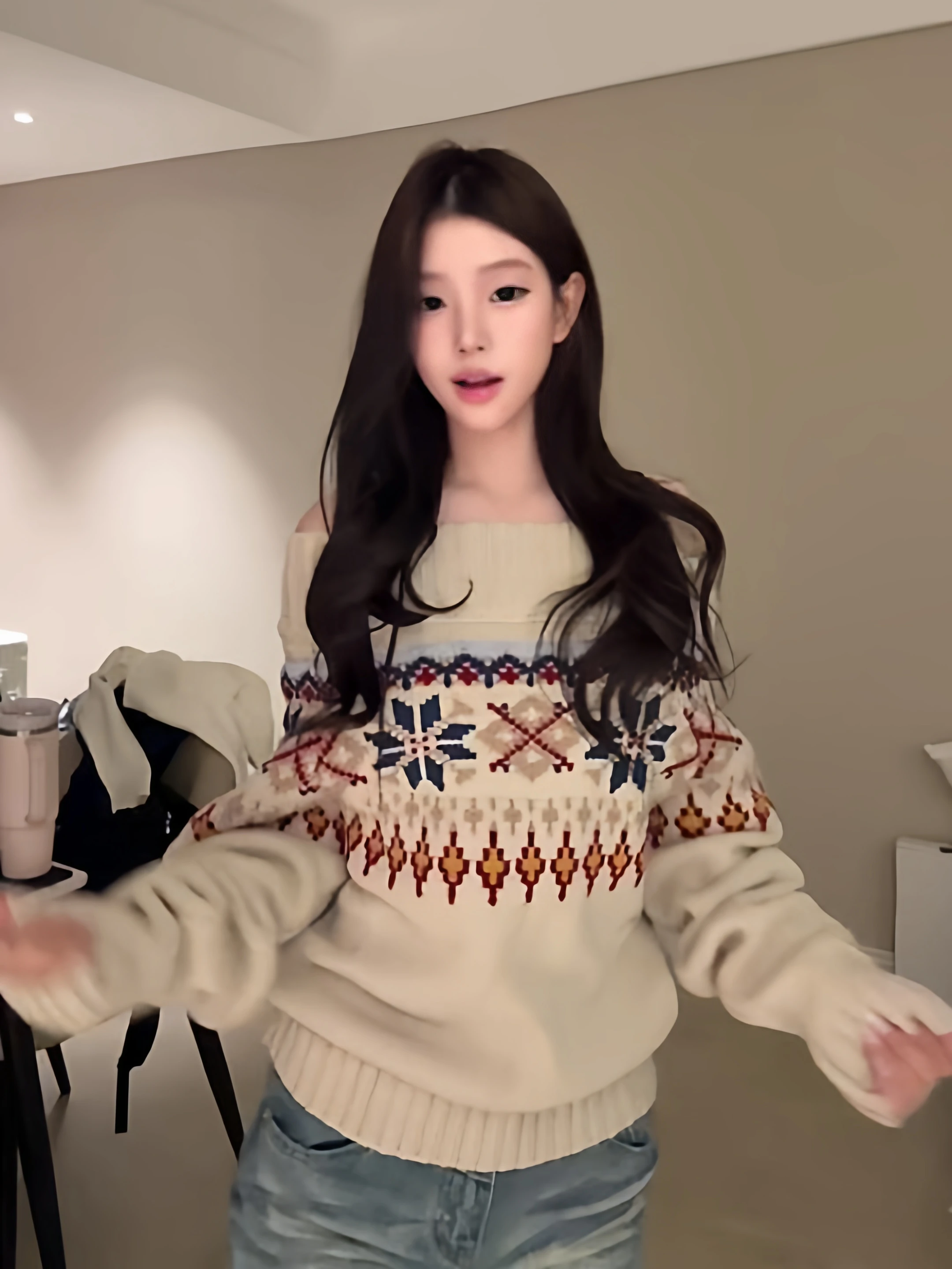 Retro Fair Isle Knitted Shoulder Bared Thickened Autumn Winter Sweater Women's Loose Fit Comfortable Casual Style Long Sleeve...