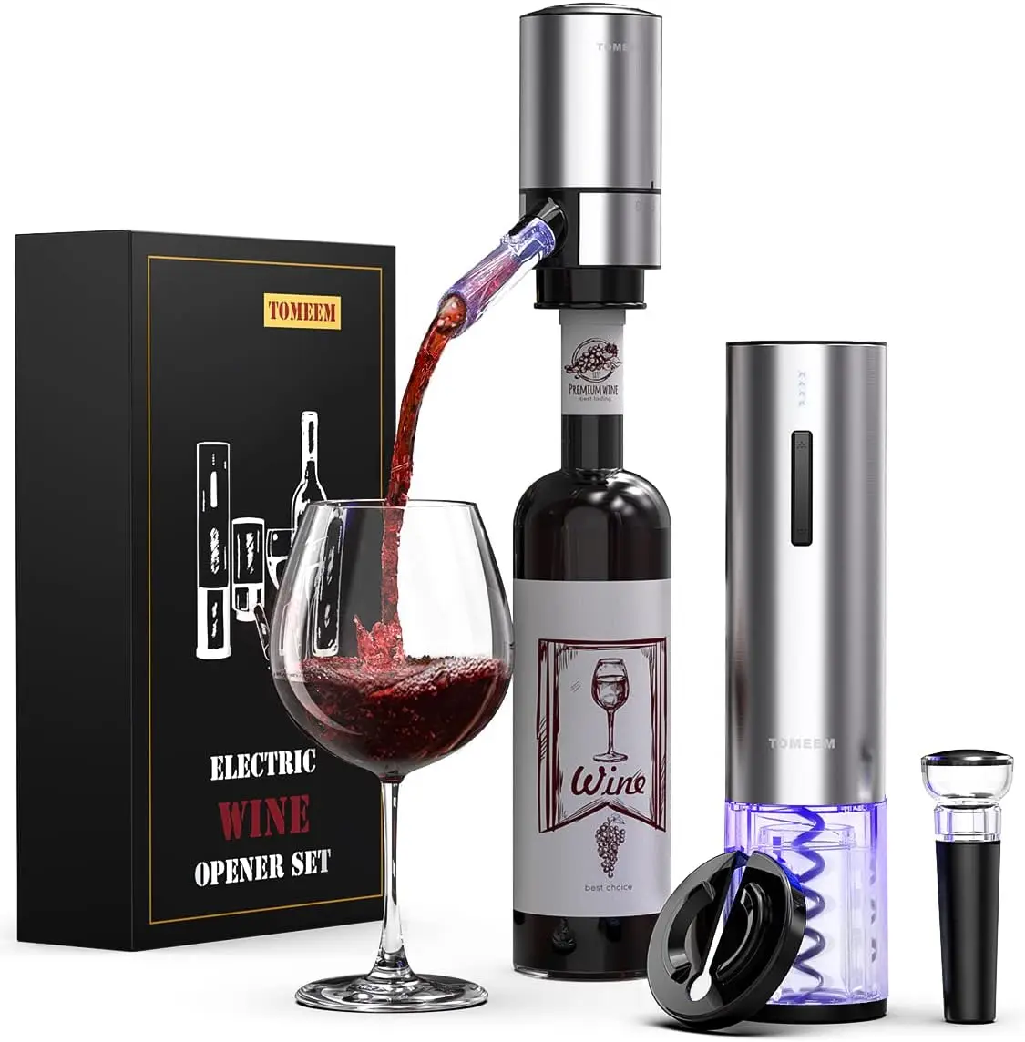 Set de Vino Eléctrico Recargable con Aireador, Tapones de Vacío, Cortador de Papel de Aluminio y Abridor para Bar en Casa y Fiestas
