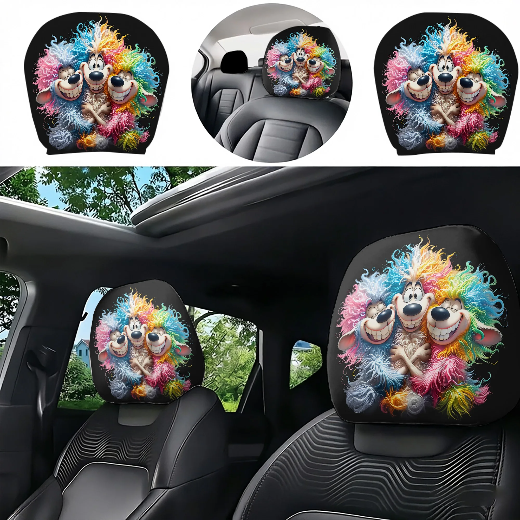 2pcs colorful cartoon Poodle car headrest covers to add fun and vibrancy to your car. Does not include filling. Easy to install.