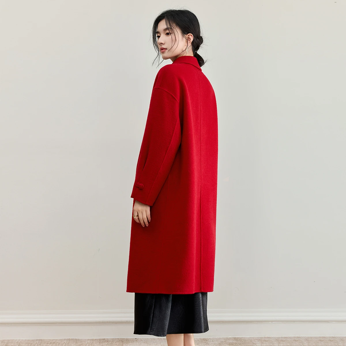 SENTUBILA Women Red Double Faced Coat Wool Blend Long Chinese Style Turn-Down Collar Elegant Winter Commuter Outerwear W54OC3440