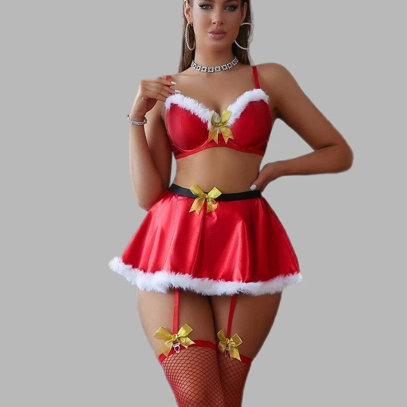 

Toucheart Women Sexy Mesh Slim Christmas Interesting Underwear Net Socks High Waisted Bow Knot Lace Up Patchwork Plunge Sexy Set