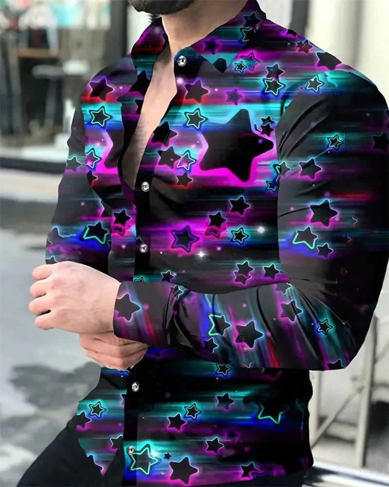 

Colorful Star Pattern 3D Print Men's Spring Autumn Long Sleeve Button Lapel Shirt Party Prom Top High Quality Soft Shirt