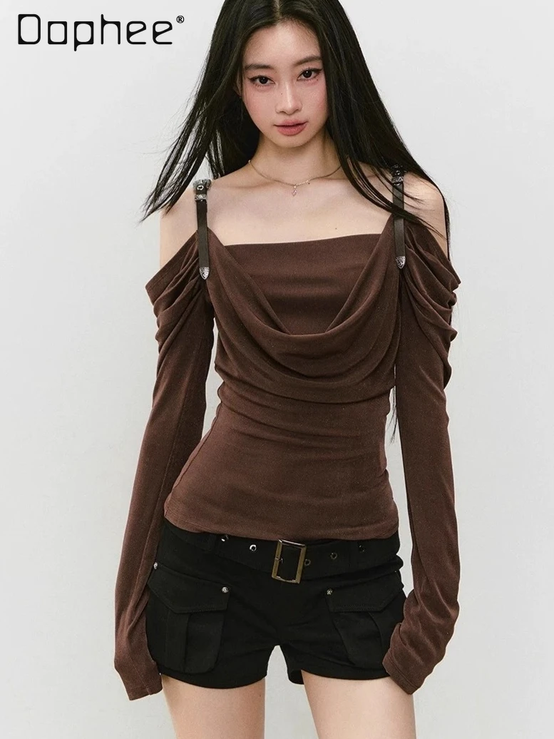 

Осенний корейский Ins, популярный женский кожаный ремешок с открытыми плечами, сексуальный тонкий топ с длинными рукавами, однотонный универсальный элегантный женский топ