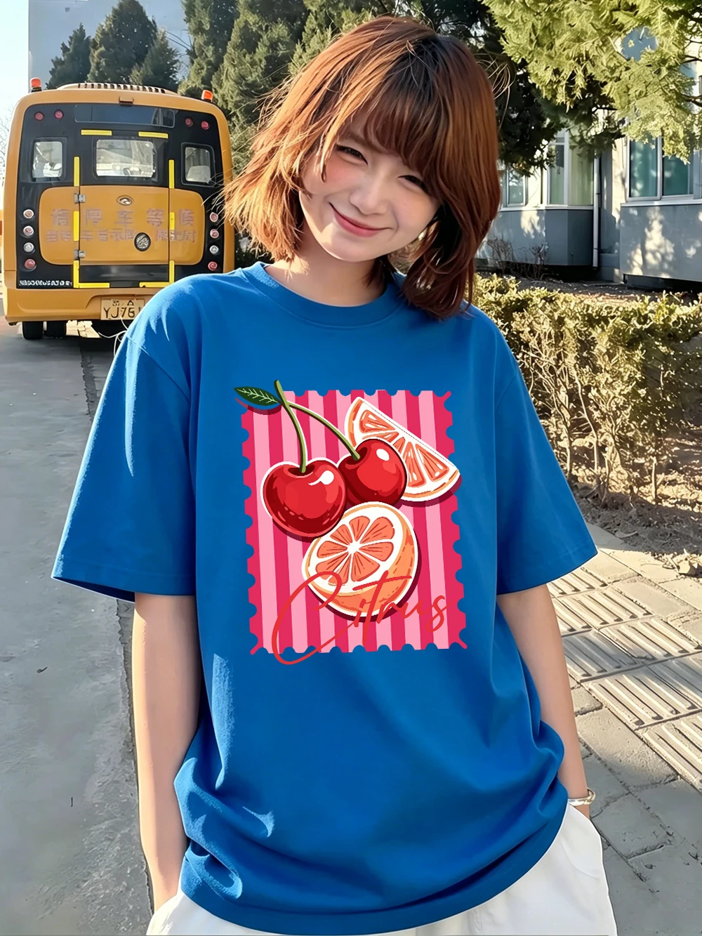 Rote Kirsch-Zitrus-Bedruckte T-Shirts aus Baumwolle für Damen, Sommerliche Oversize-Oberteile, Basic O-Neck Kurzarm-T-Shirts, Lässige Weiche Kleidung – Detail 28