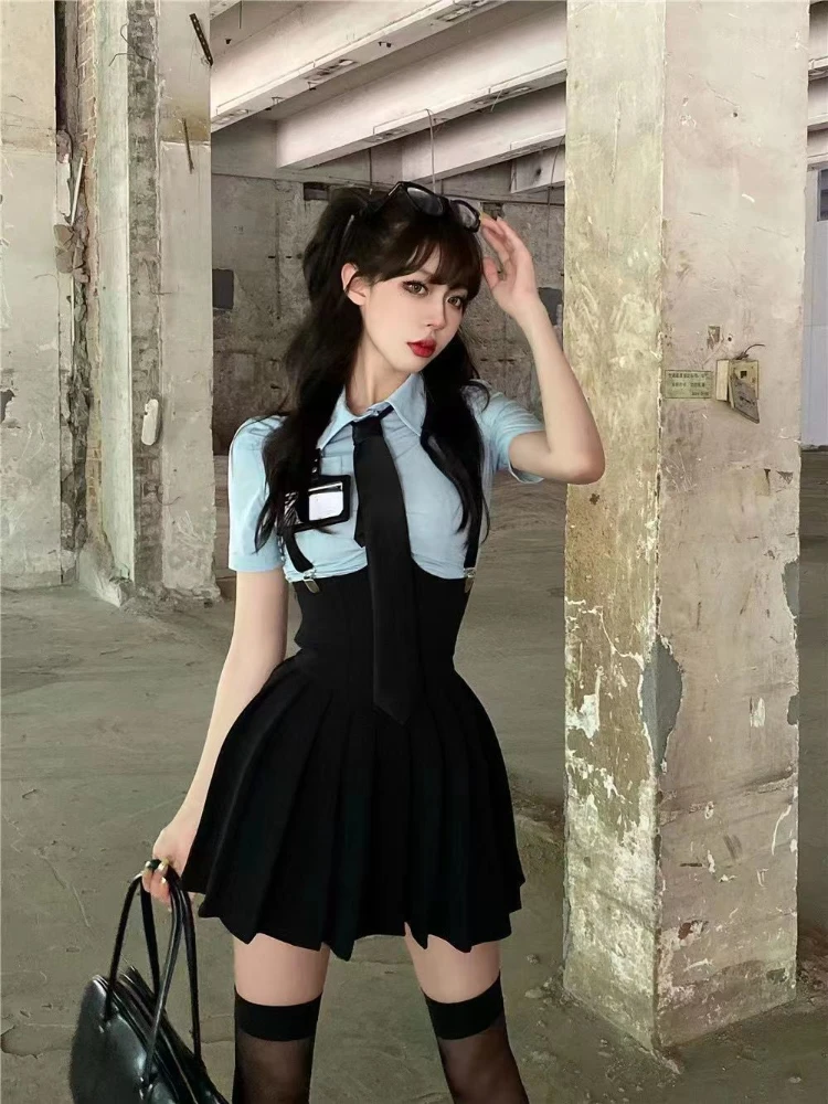 Preppy Style Womens Two Piece Sets Shirt Sexy Outfit High Waist Corset Strap Pleated Skirt Vintage School Uniform Suit Summer