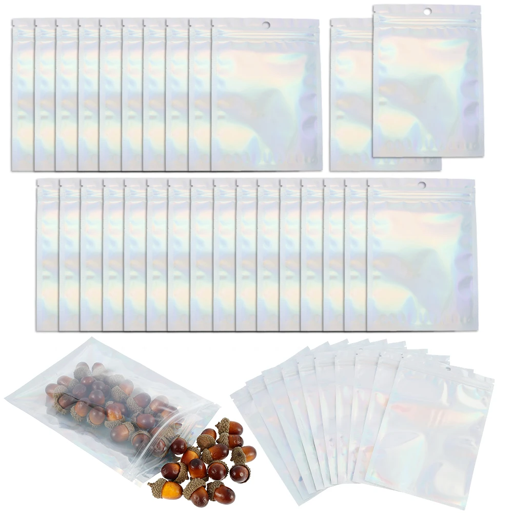 100/300Pcs Resealable Smell Proof Bags Holographic Mylar Foil Zipper Pouch for Jewelry Food Storage Packaging