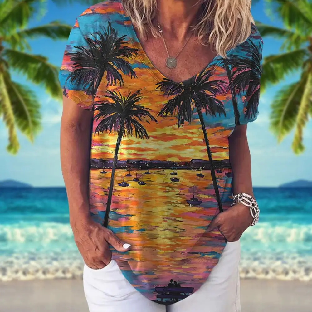 Zomer Vrouwen T-shirt Hawaiian Shirt Kokospalm Patroon V-hals Korte Mouw Tops Vakantie Kleding 5xl Meisjes Tee Dames Kleding