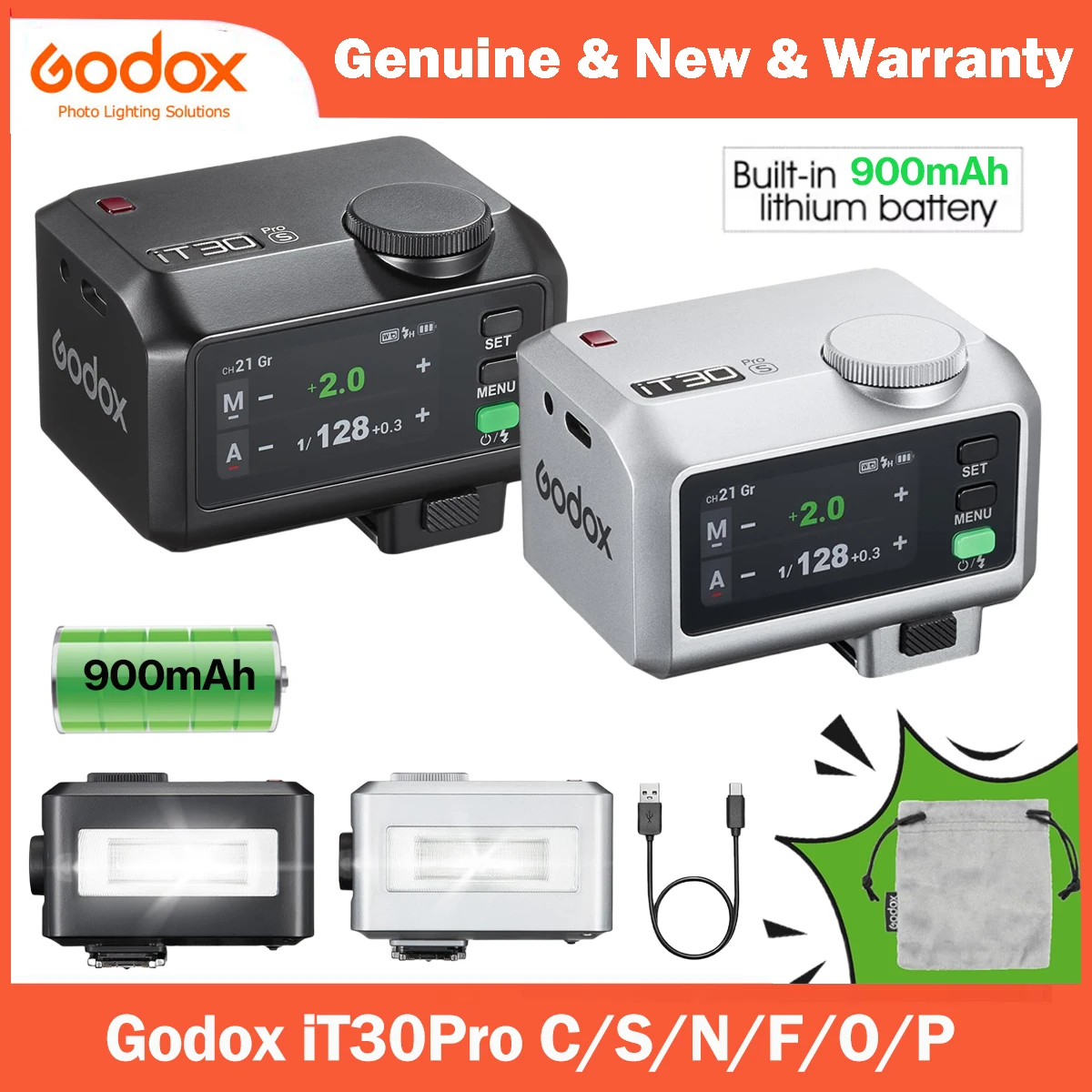 Godox iT30Pro 2.4G Wireless Mini Flash Touchscreen w/ Built-in Battery GN15/900mAh USB-C Charging for Canon Sony Nikon Cameras