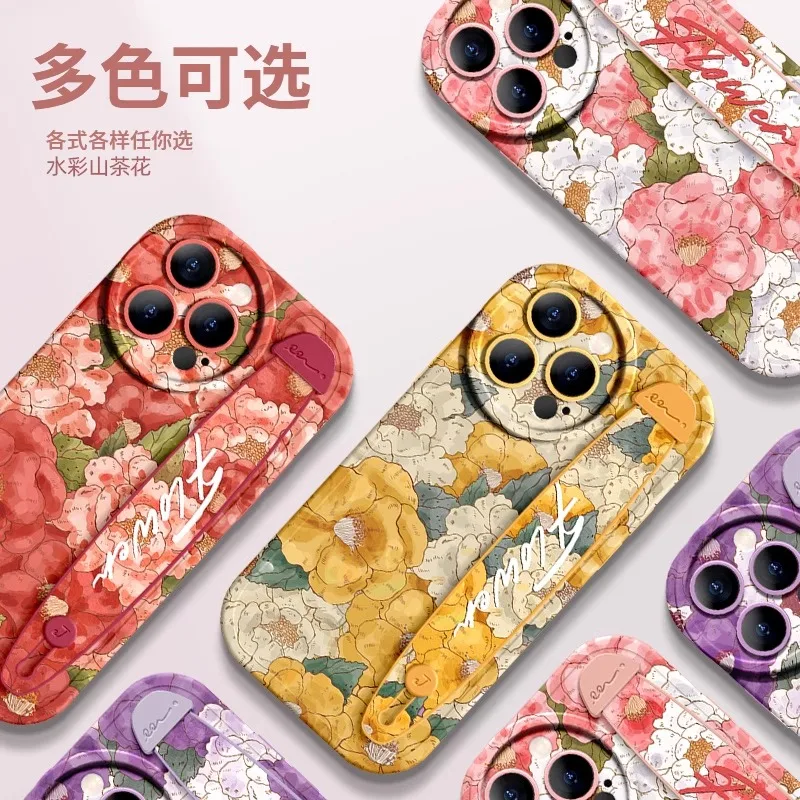 Deluxe Wrist Band Bracket Case For iphone 15 14 13 12 11 Pro Max X XR Xs Silicone Cell Phone Protective Cover Flowers of Camelli